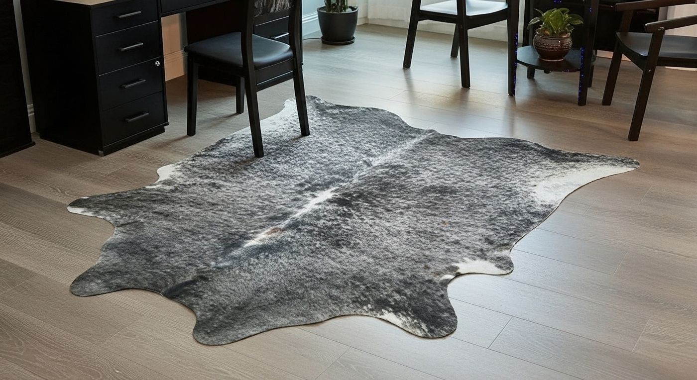 Black and grey salt and pepper cowhide rug in a home office
