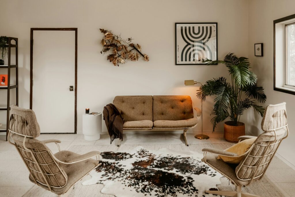Cowhide rug in a living room